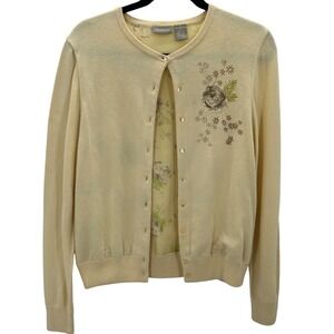 Womens Butter Yellow Silk Blend Floral Embroidered Beaded Cardigan Sweater Med